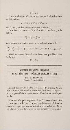 Question du grand concours de mathématiques spéciales (Juillet 1860).