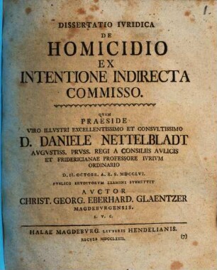 Dissertatio Ivridica De Homicidio Ex Intentione Indirecta Commisso