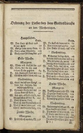 Ordnung der Lieder bey dem Gottesdienste an den Wochentagen.