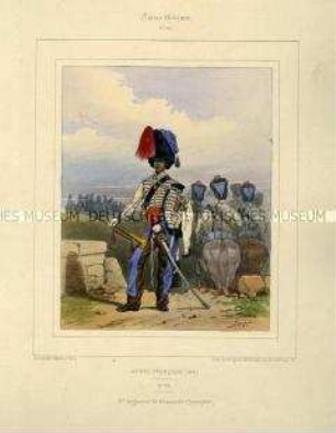 Uniformdarstellung, Trompeter des 8. Husaren-Regiments, Königreich Frankreich, 1841. Tafel Nr. 121 aus: Galerie Militaire.