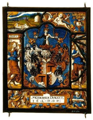 Kabinettscheibe mit Wappen der Nürnberger Familie Dilherr (Dillherr) in architektonischer Rahmung mit Putti und den christlichen Tugenden Glaube und Hoffnung in der Art von Jost Amman