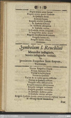 Symbolum I. Reuchlini Maeander indaginis, Semita indagandae veritatis. In proximum Exegeseos sacrae scopum, Veritatem