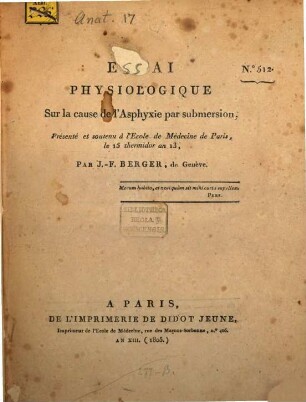 Essai physiologique sur la cause de l'asphyxie par submersion