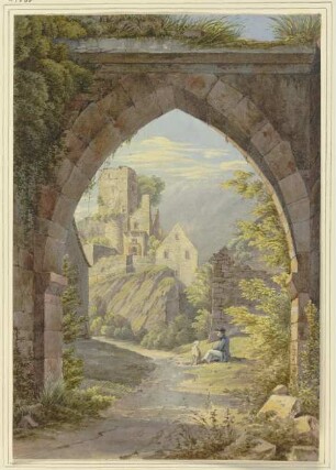 Gotischer Bogen mit Durchblick auf eine Burg