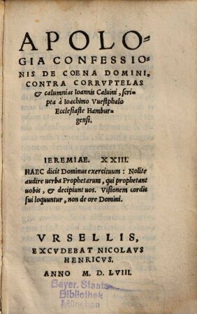 Apologia Confessionis De Coena Domini, Contra Corrvptelas et calumnias Ioannis Caluini