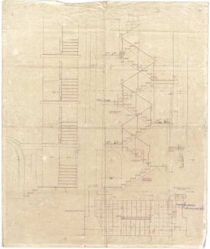 Döllgast, Hans; München; Alte Pinakothek, Wiederaufbau - Treppe (Grundriss; Ansicht; Schnitt)