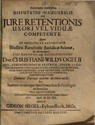 Disputatio Inauguralis De Jure Retentionis Uxori Vel Viduae Competente