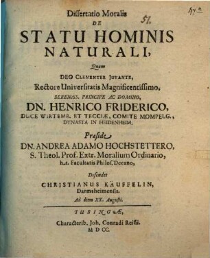 Dissertatio Moralis De Statu Hominis Naturali