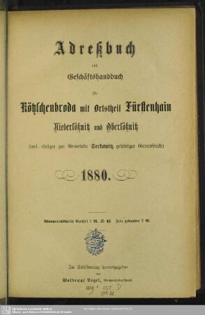 1880: Adreßbuch und Geschäfts-Handbuch für Kötzschenbroda mit Ortstheil Fürstenhain, Niederlößnitz und Oberlößnitz
