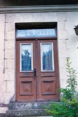 Trittauer Straße 14: traufständiges Wohnhaus: Straßenfront: Detailaufnahme: Eingangstür, davor Stufen