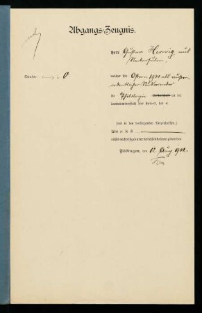 Abgangszeugnis. Tübingen, 12.08.1902.