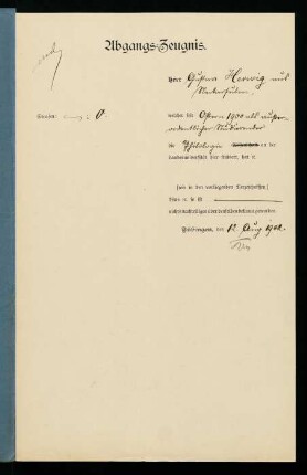Abgangszeugnis. Tübingen, 12.08.1902.