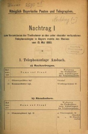Verzeichniss der Theilnehmer an den unter einander verbundenen Telephonanlagen in Bayern rechts des Rheins. 1893, Nachtr. 1 - 7
