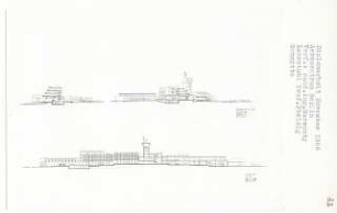 Aerozentrum, Berlin-Gatow (Diplomarbeit bei Peter Poelzig ): Ansicht vom Flughafen und Schnitte 1:200