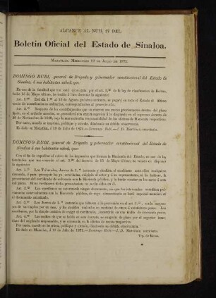 Alcance al Num. 27 Del Boletin Oficial del Estado de Sinaloa.