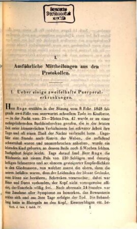 Verhandlungen der Gesellschaft für Geburtshilfe in Berlin. 4. 1851