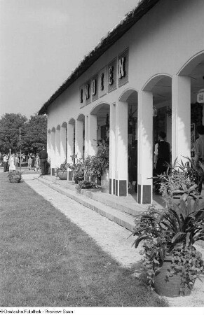 Besucher der Leipziger Herbstmesse 1954 beim Betreten des indischen Pavillons