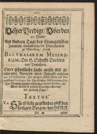 Vesper Predigt/ Uber den 87. Psalm ... Durch Balthasarem Meisnerum ...