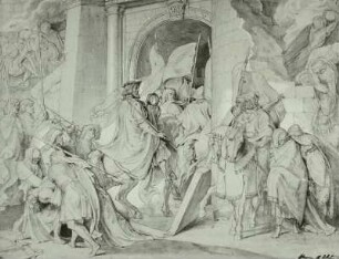 Skizze zu den Karlsfresken "Einzug in Pavia" für das Rathaus in Aachen