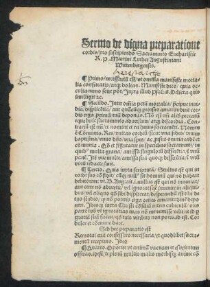 Sermo de digna preparatione cordis/ pro suscipiendo Sacramento Eucharistie R. P. Martini Luther Augustiniani Wittenbergensis.