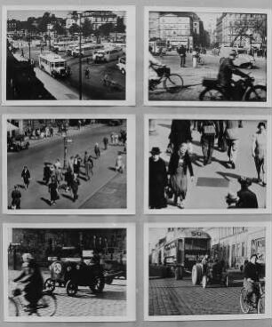Ausstellungstafel mit Szenen aus einem Dokumentarfilm zum Straßenverkehr in Dresden, 1930/1939. Dresden, Galerie Nord. Ausstellung "Borchert, Christian, Dresden - Bilder aus Dokumentarfilmen 1913–1949"