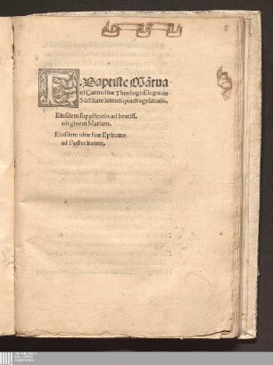 F. Baptiste Ma[n]tuani Carmelitæ Theologi: Elegia de Sa[n]ctitate Ieiunii quadragesimalis