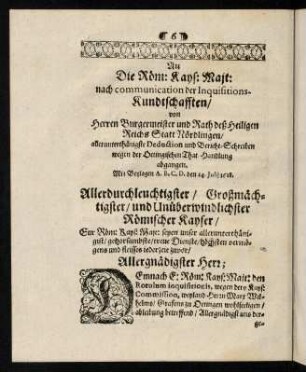 6-99, An die Röm:Kays:Majt: nach communication der Inquisitionskundschafften [...]