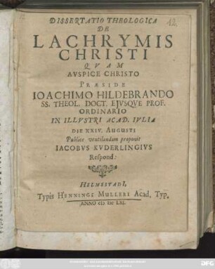 Dissertatio Theologica De Lachrymis Christi