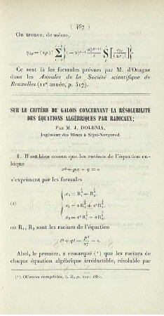 Sur le critère de Galois concernant la résolubilité des équations algébriques par radicaux.
