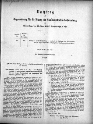 Anlage: Nachtrag zur Tagesordnung für die Sitzung, 13. Juni 1887