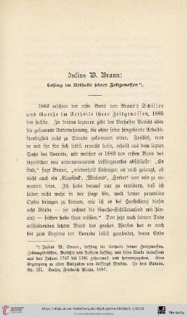 Julius W. Braun: Lessing im Urtheile seiner Zeitgenossen