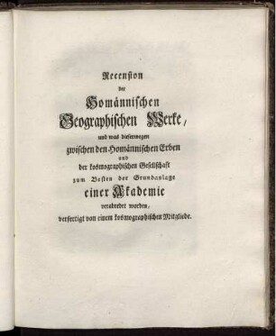 Recension der Homännischen Geographischen Werke