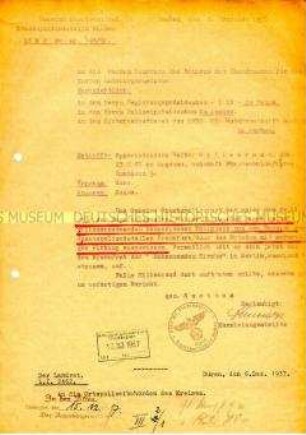Innerbehördliches Schreiben der Gestapo Aachen zur Ausweisung von Superintendent Walter Hillebrand aus dem Bereich Frankfurt/Oder und Potsdam