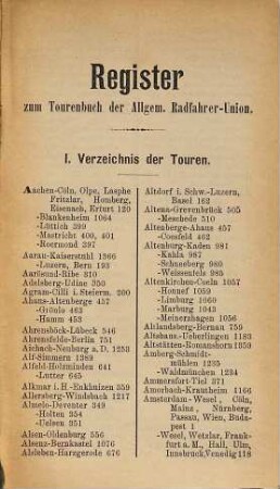 Fahrtenbuch der Allgemeinen Radfahrer-Union, [2]. Register zum Tourenbuch der Allgemeinen Radfahrer-Union