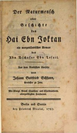 Der Naturmensch oder Geschichte des Hai Ebn Joktan : ein morgenländischer Roman