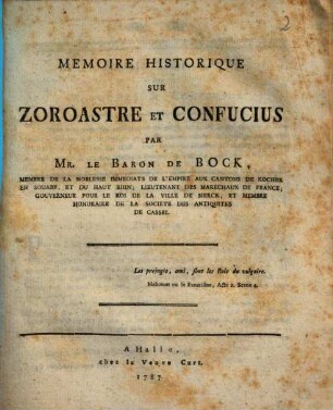 Memoire Historique Sur Zoroaster Et Confucius