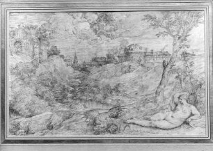 Landschaft mit ruhender Frau, Drachen und Löwenreiter (eventuell Bellerophon)