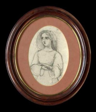 Zeichnung (oder Foto einer Zeichnung) Franziska Katharina Hauff (1826-1854), verheiratet seit 1847 mit Christoph Heinrich Decker (1806-1870), auf der Rückseite genealogische Angaben, oval 22,5 cm hoch x 10,5 cm breit, im Glasrahmen