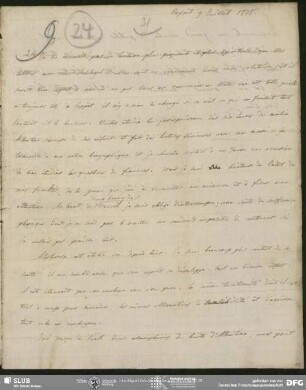 Eigenh. Brief von Auguste Louis de Staël-Holstein an August Wilhelm von Schlegel, Coppet, 09.07.1818