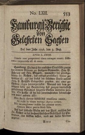 No. LXII. Auf das Jahr 1736. den 3. Aug. - No. LXX. Auf das Jahr 1736. den 31. Aug.