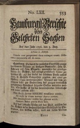 No. LXII. Auf das Jahr 1736. den 3. Aug. - No. LXX. Auf das Jahr 1736. den 31. Aug.
