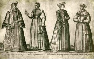 Illustration von vier Frauen in gemusterten Kleidern, samt Hut und Tasche. Halbtotale