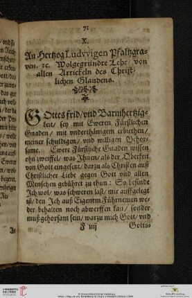 X. An Hertzog Ludvvigen Pfaltzgraven [et]c. Wolgegründte Lehr, von allen Artickeln des Christlichen Glaubens