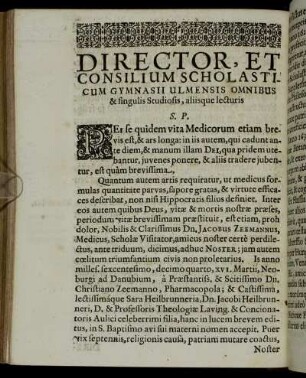 Director, Et Consilium Scholasticum Gymnasii Ulmensis Omnibus & singulis Studiosis, aliisque lecturis