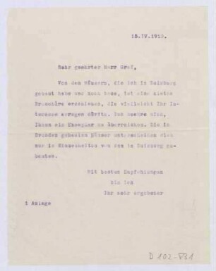 Schreiben an Graf von Werthern (Brief)