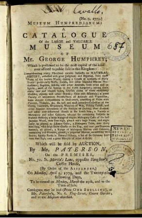 A Catalogue of the Large and Valuable Museum of Mr. George Humphrey.
