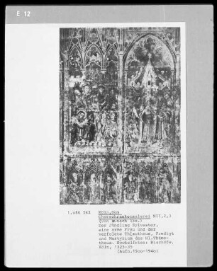 N II 2, 3, von rechts nach links: der Jüngling Silvester mit einer armen Frau und dem verfolgten Timotheus, Predigt und Martyrium des Heiligen Thimotheus