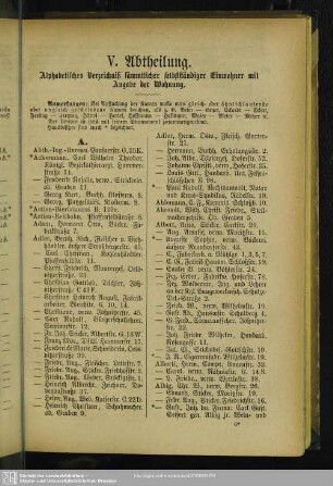 V. Einwohnerverzeichnis : V. Abtheilung. Alphabetisches Verzeichniß sämmtlicher selbständiger Einwohner mit Angabe der Wohnung
