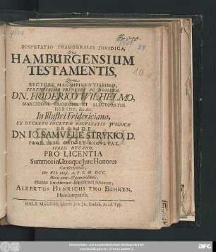 Disputatio Inauguralis Iuridica, De Hamburgensium Testamentis