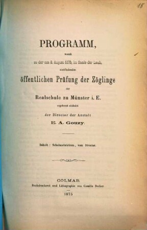Programm : womit zu der ... im Saale der Laub, stattfindenden öffentlichen Prüfung ergebenst einladet. 1874/75